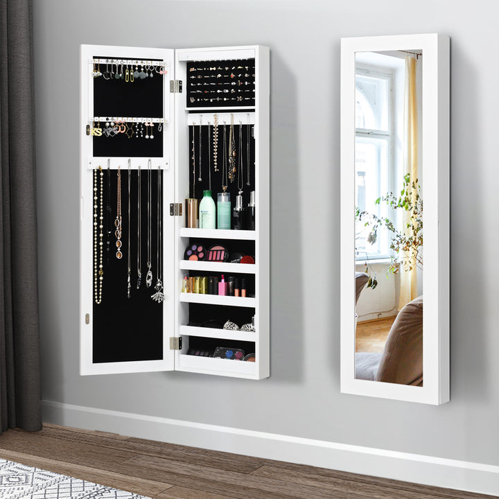 Wall Door Mounted Mirrored Jewelry Cabinet Organizer Storage w/LED Light White Image 2