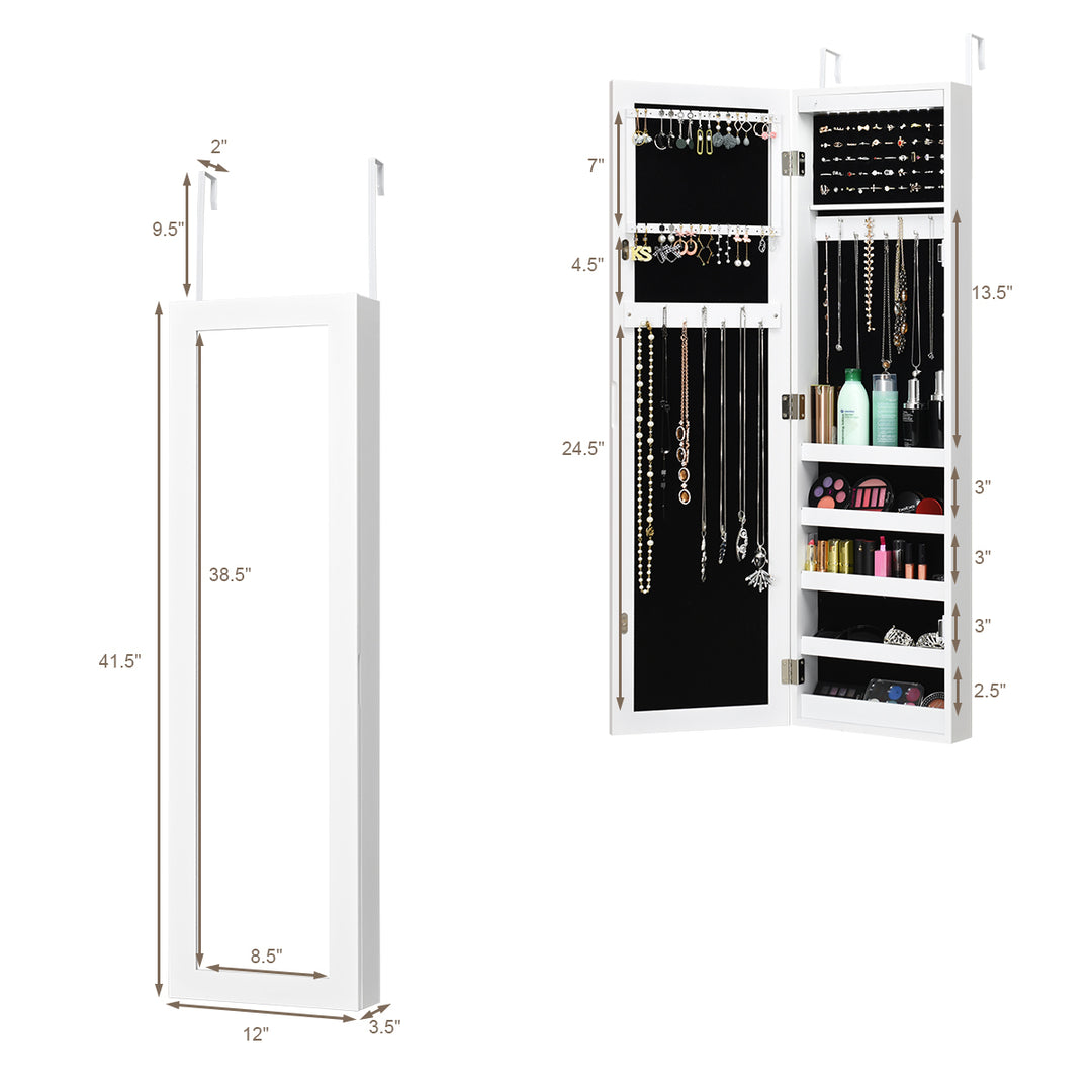 Wall Door Mounted Mirrored Jewelry Cabinet Organizer Storage w/LED Light White Image 4