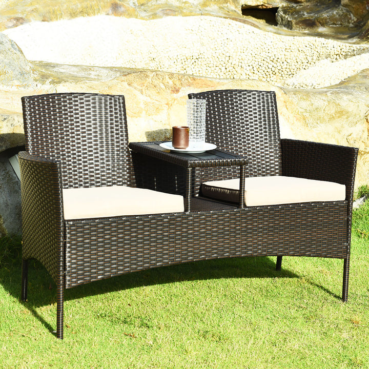 Patio Rattan Conversation Set Loveseat Sofa Cushioned Coffee Table Mix Brown Image 4