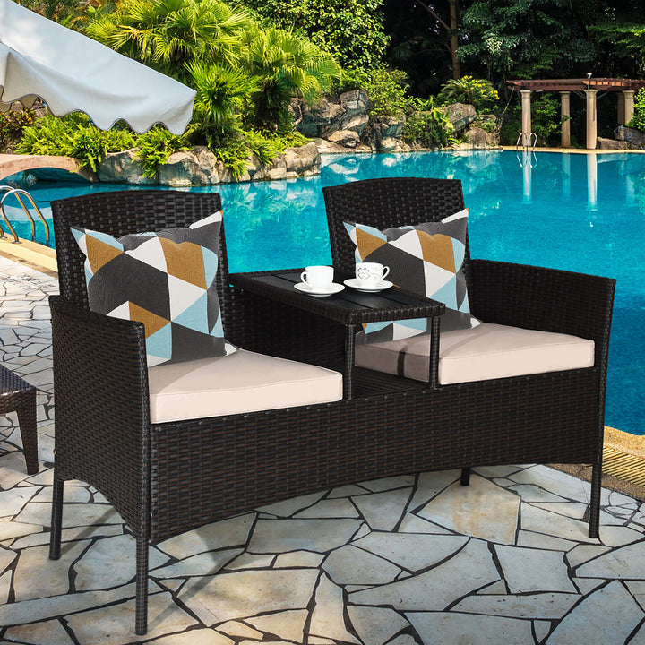 Patio Rattan Conversation Set Loveseat Sofa Cushioned Coffee Table Mix Brown Image 5