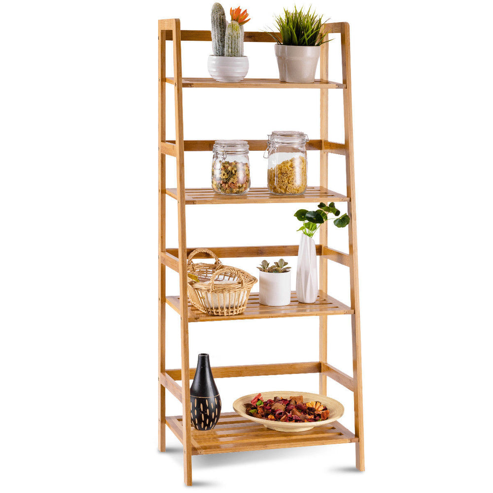 Multifunctional 4 Shelf Bamboo Bookcase Ladder Plant Flower Stand Rack Storage Image 2