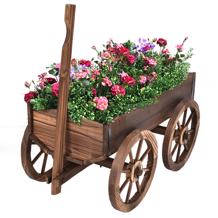 Wood Wagon Flower Planter Pot Stand Garden W/Wheels Image 2