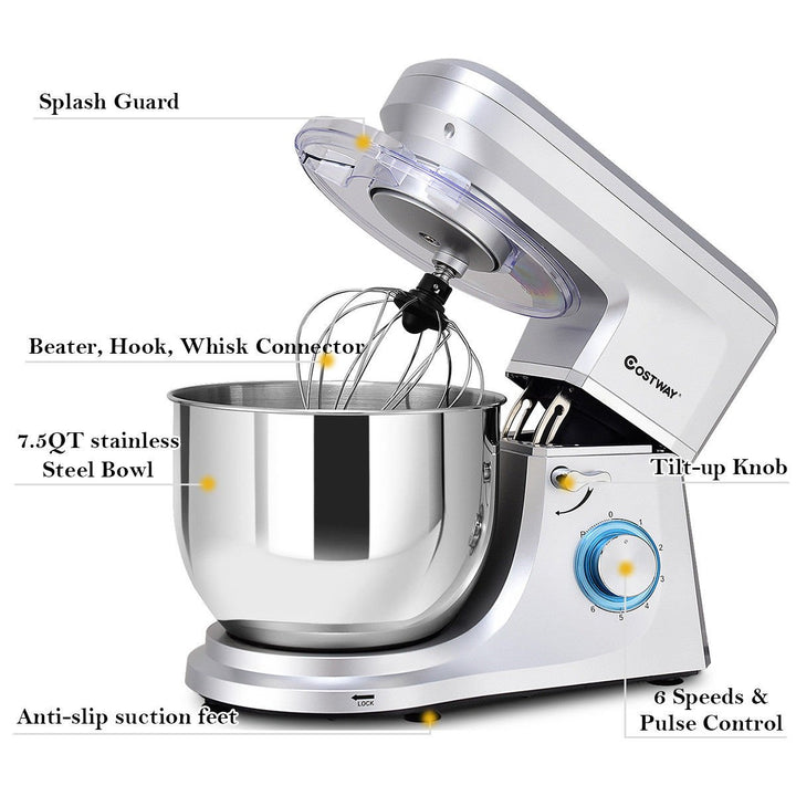 Tilt-Head Stand Mixer 7.5 Quart 6 Speed 660W w/Dough Hook, Whisk and Beater Silver Image 4