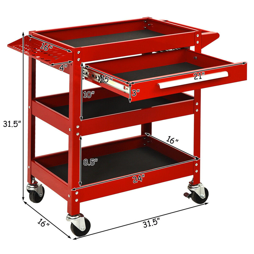 Three Tray Rolling Tool Cart Mechanic Cabinet Storage ToolBox Organizer w/Drawer Image 2