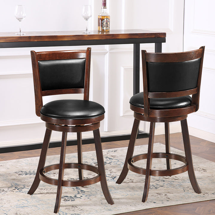 Set of 2 24 Swivel Counter Stool Wooden Dining Chair Upholstered Seat Espresso Panel back Image 3