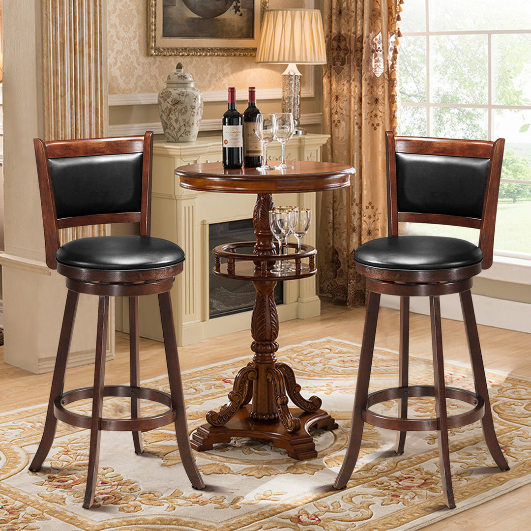 Set of 2 29 Swivel Bar Height Stool Wood Dining Chair Upholstered Seat Panel Back Espresso Image 2