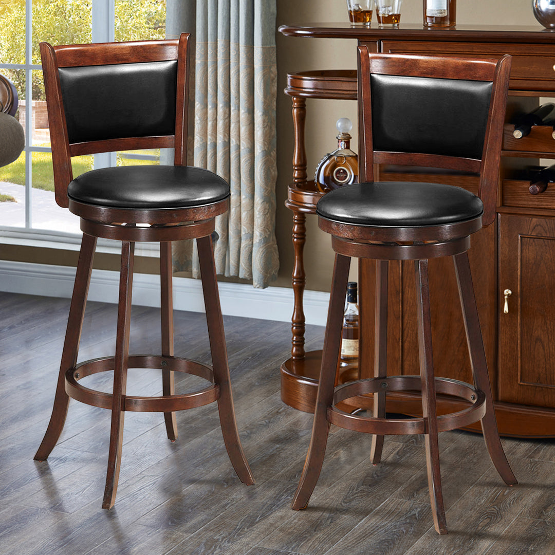 Set of 2 29 Swivel Bar Height Stool Wood Dining Chair Upholstered Seat Panel Back Espresso Image 4