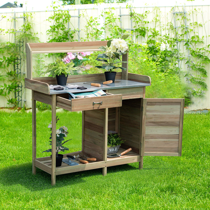 Outdoor Potting Bench Garden Wooden Work Station Metal Tabletop Cabinet Drawer Image 4