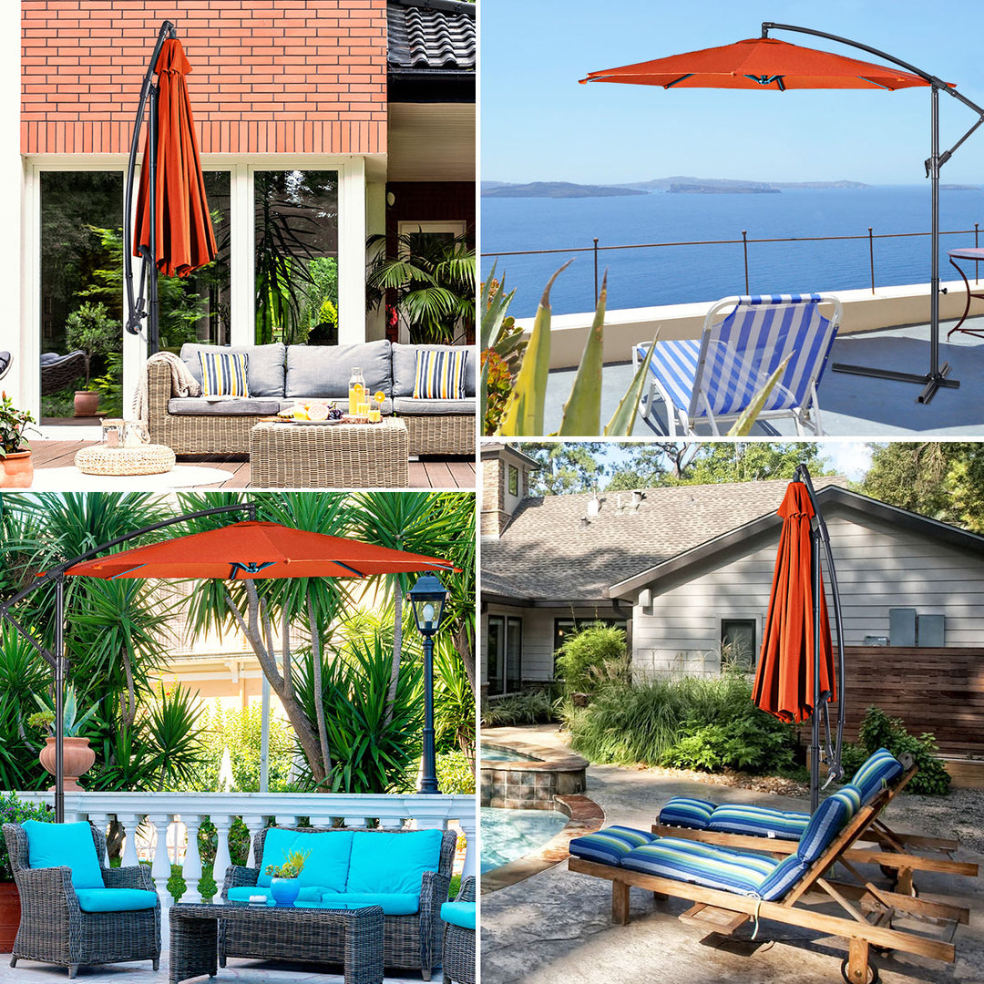 10 Ft Hanging Umbrella Patio Sun Shade Offset Outdoor Market Cross Base Orange Image 4