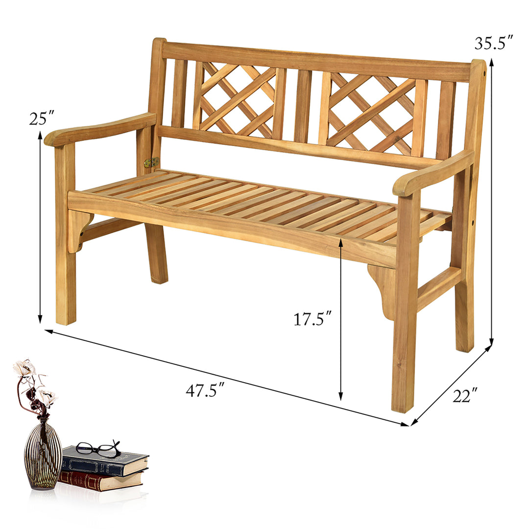 Patio Outdoor Solid Wood Bench Folding Loveseat Chair Park Garden Deck Furniture Image 2