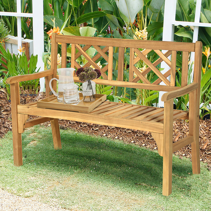 Patio Outdoor Solid Wood Bench Folding Loveseat Chair Park Garden Deck Furniture Image 3