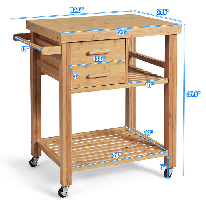 Bamboo Kitchen Trolley Cart Wood Rolling Island w/ Tower Rack and Drawers Image 2