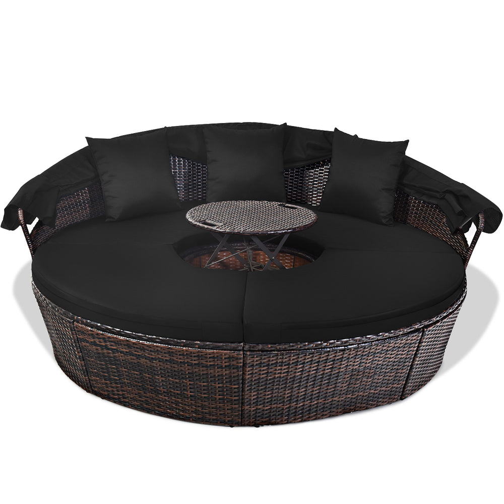 Patio Rattan Daybed Cushioned Sofa Adjustable Table Top Canopy Black Image 2