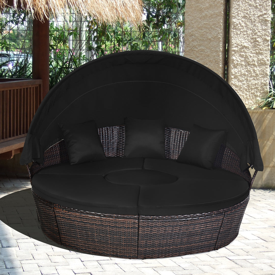 Patio Rattan Daybed Cushioned Sofa Adjustable Table Top Canopy Black Image 3