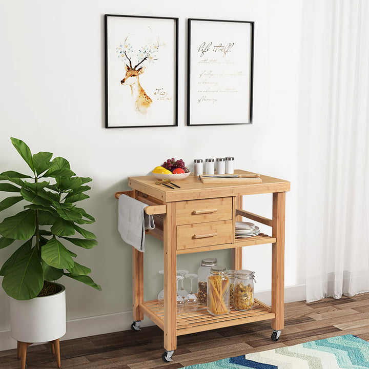 Bamboo Kitchen Trolley Cart Wood Rolling Island w/ Tower Rack and Drawers Image 3