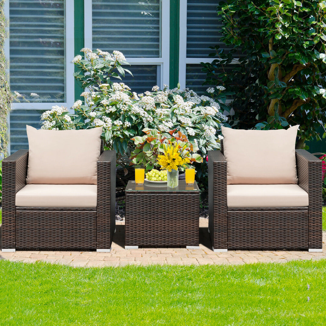 3PCS Patio Rattan Furniture Set Conversation Wicker Sofa Set w/Cushion Garden Image 2