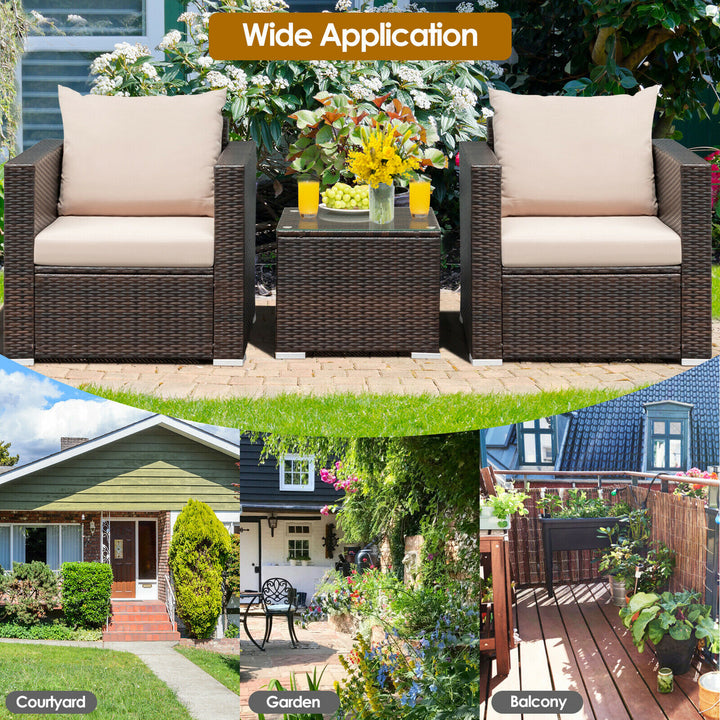 3PCS Patio Rattan Furniture Set Conversation Wicker Sofa Set w/Cushion Garden Image 3