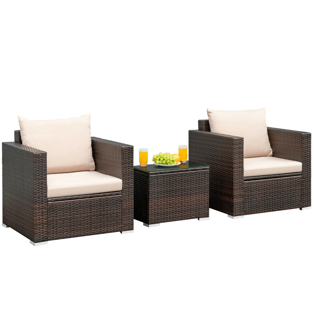 3PCS Patio Rattan Furniture Set Conversation Wicker Sofa Set w/Cushion Garden Image 4