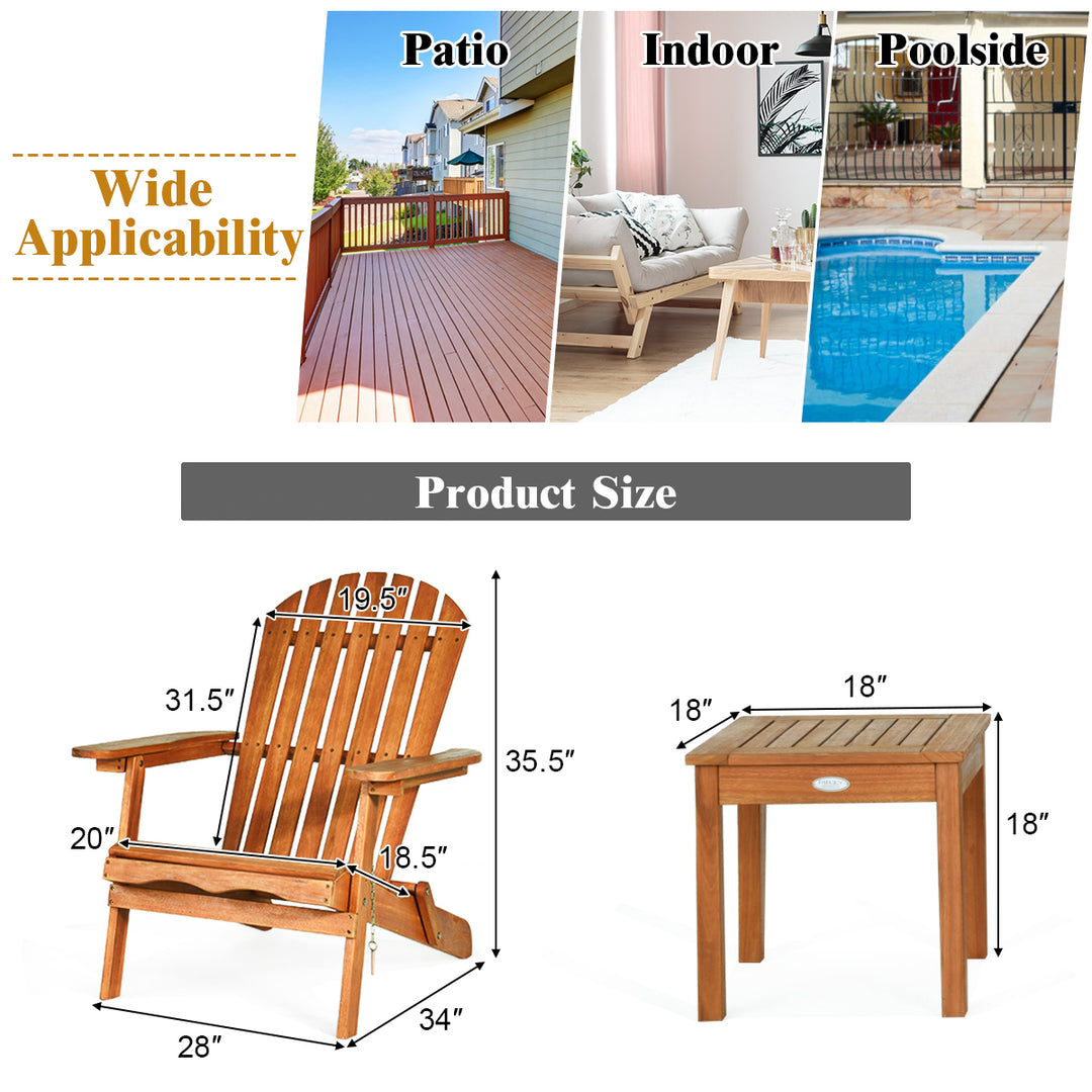 3PCS Patio Wooden Adirondack Chair Table Set Folding Seat Furniture Garden Image 8