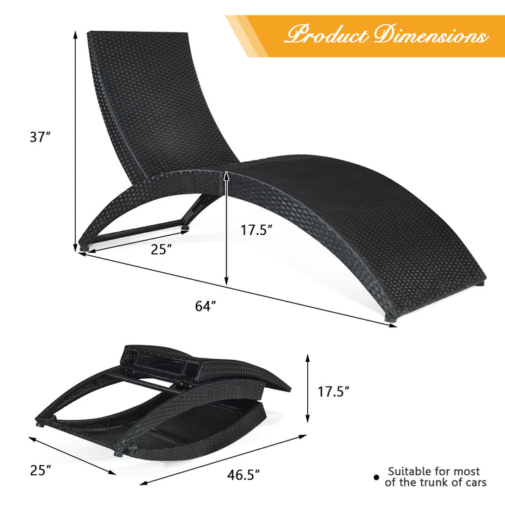 2PCS Folding Patio Rattan Lounge Chair Chaise Cushioned Portable Garden Black Image 2