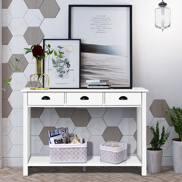 47 Console Table Hall Table Side Desk Accent Table Drawers Shelf Entryway White Image 3