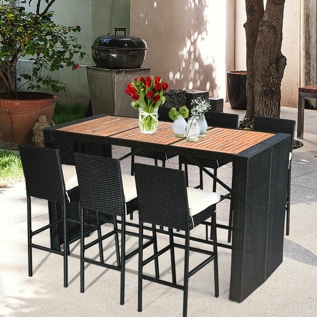 7 PCS Patio Rattan Wicker Bar Dining Furniture Set wood Table Top 6 Stools Image 4