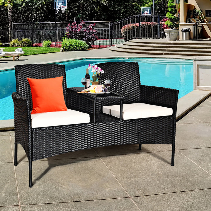 Patio Rattan Conversation Set Seat Sofa Cushioned Loveseat Glass Table Chairs Image 3