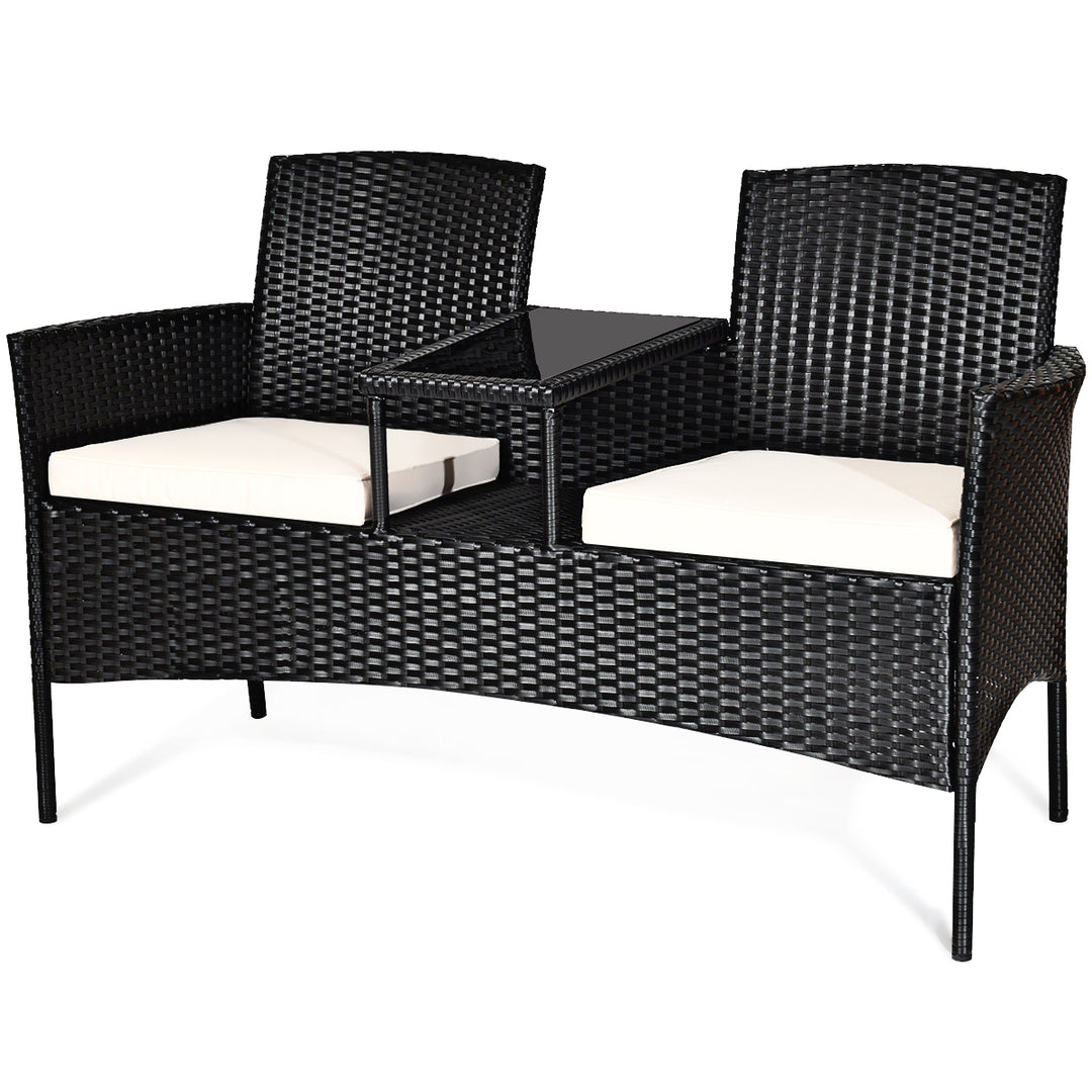 Patio Rattan Conversation Set Seat Sofa Cushioned Loveseat Glass Table Chairs Image 4