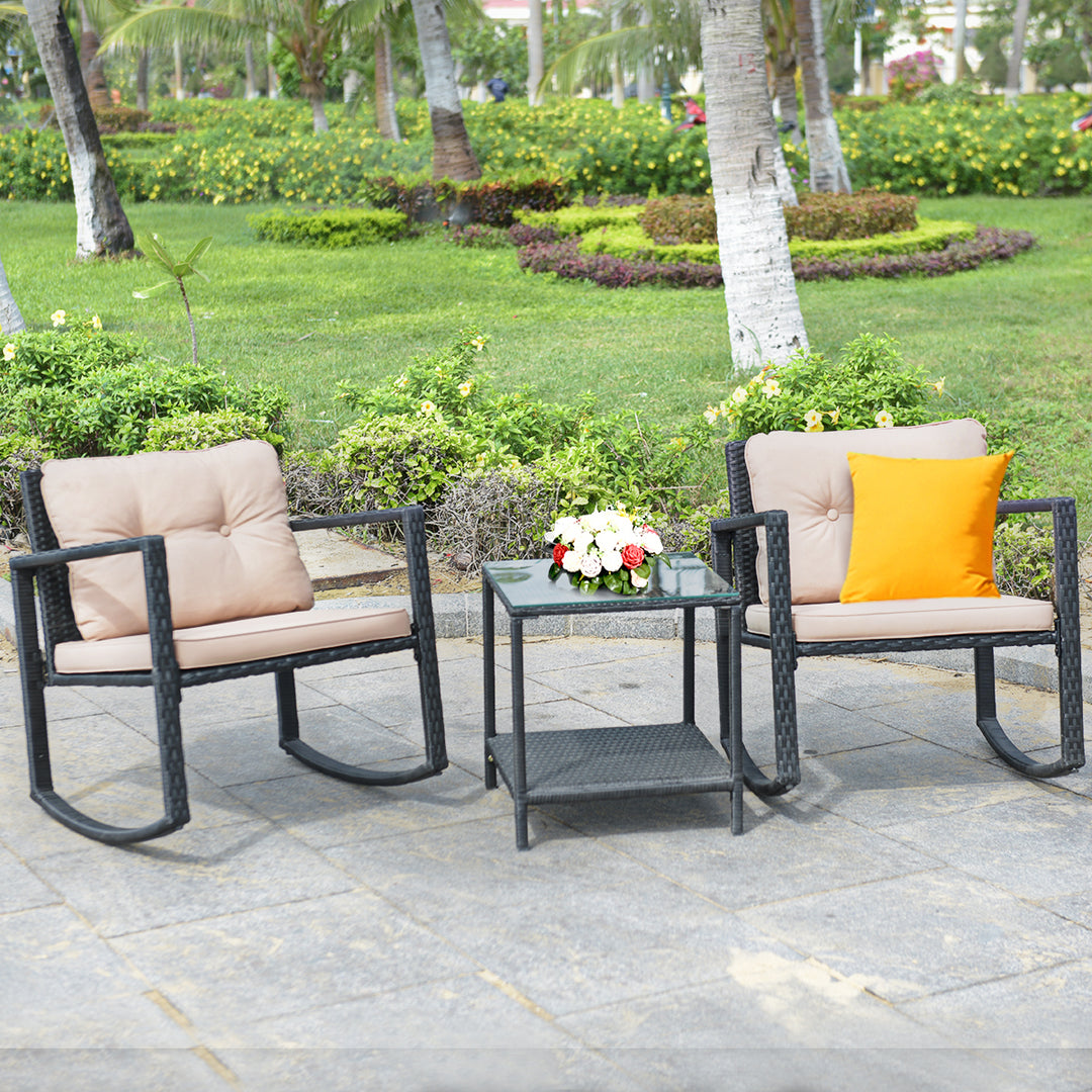 3PC Patio Rattan Conversation Set Rocking Chair Cushioned Sofa Garden Furniture Image 2