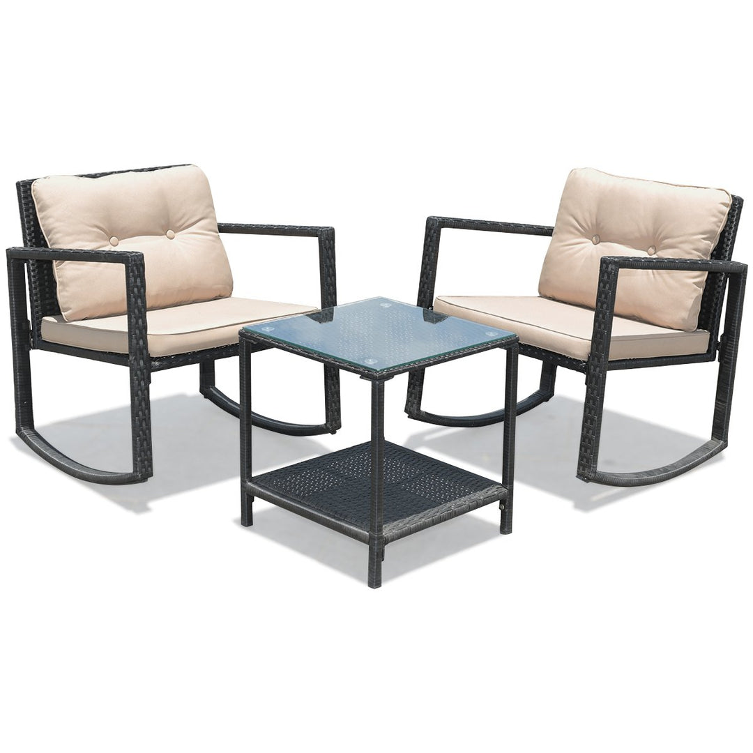 3PC Patio Rattan Conversation Set Rocking Chair Cushioned Sofa Garden Furniture Image 4