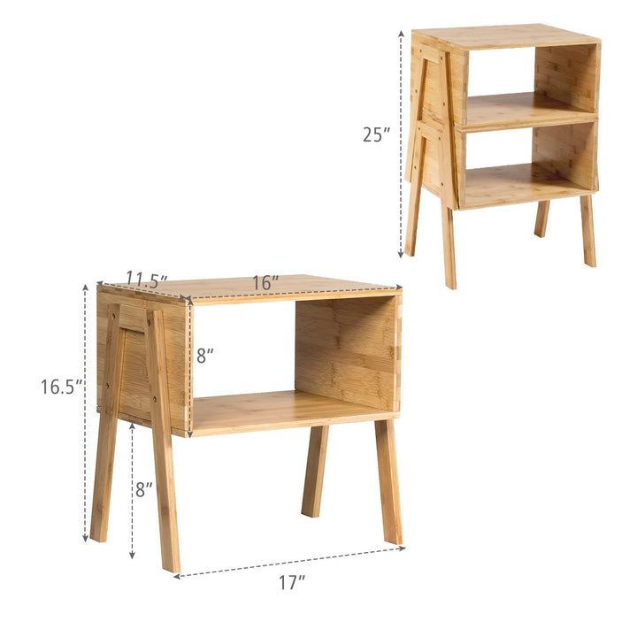 Set of 2 Bamboo Nightstand Stackable Sofa Table Bedside Table with Storage Shelf Image 3