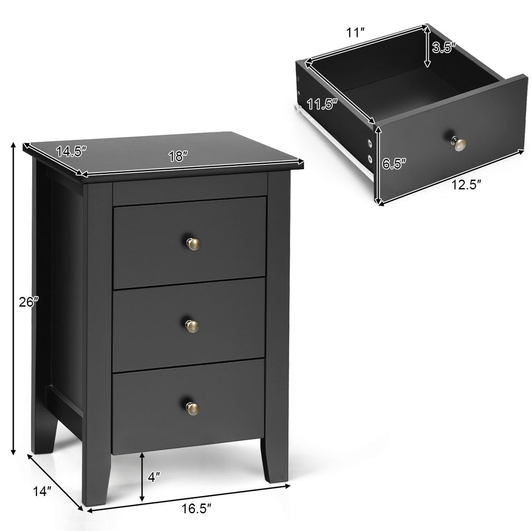 Set of 2 Nightstand End Beside Sofa Table w/ 3 Drawers Bedroom Furniture Black Image 3