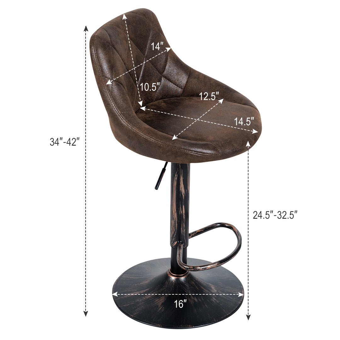 Set of 2 Adjustable Bar Stools Swivel Bar Chairs Hot-stamping Cloth Retro Brown Low Back Image 2