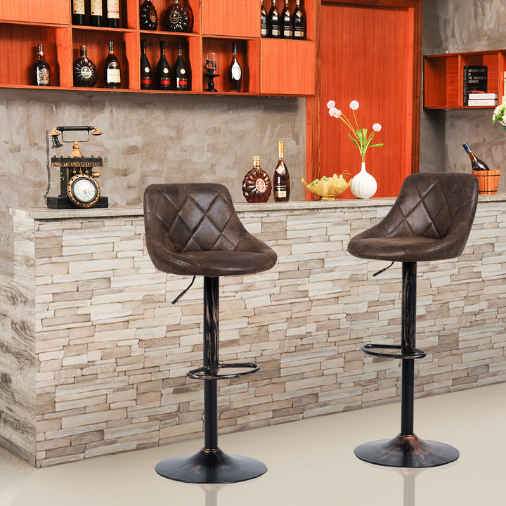 Set of 2 Adjustable Bar Stools Swivel Bar Chairs Hot-stamping Cloth Retro Brown Low Back Image 3