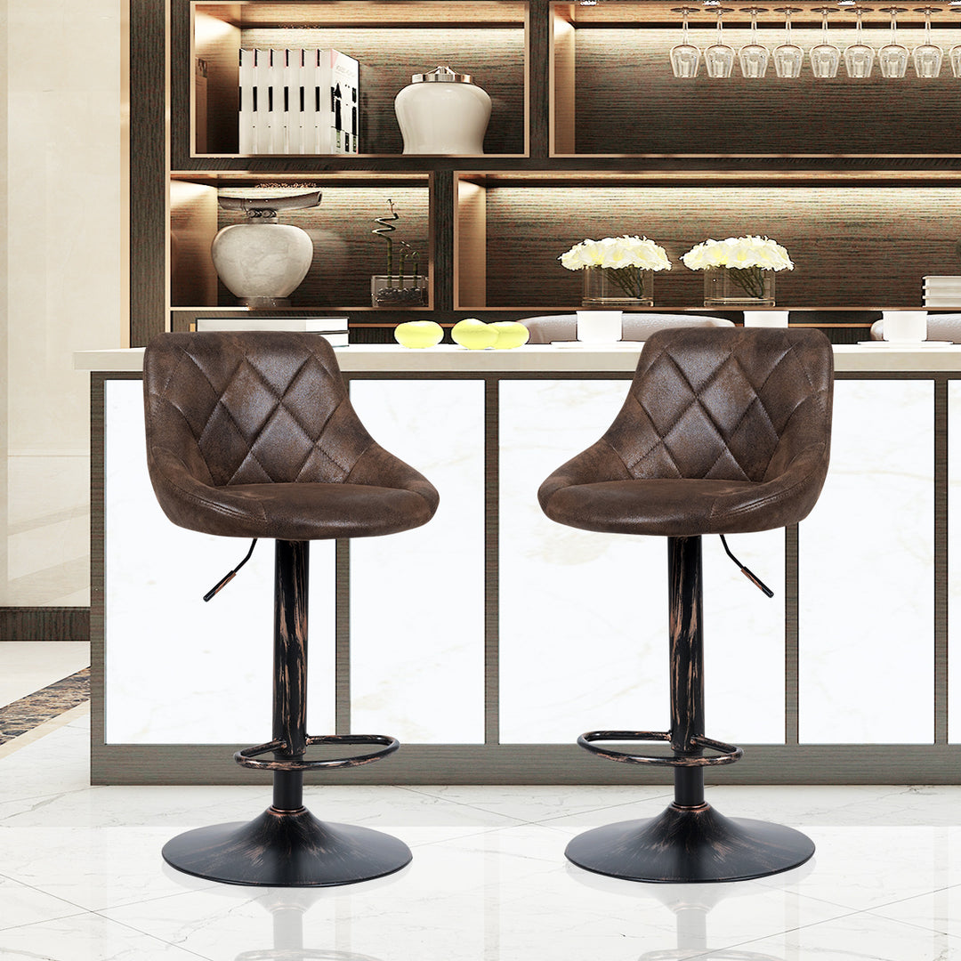 Set of 2 Adjustable Bar Stools Swivel Bar Chairs Hot-stamping Cloth Retro Brown Low Back Image 4