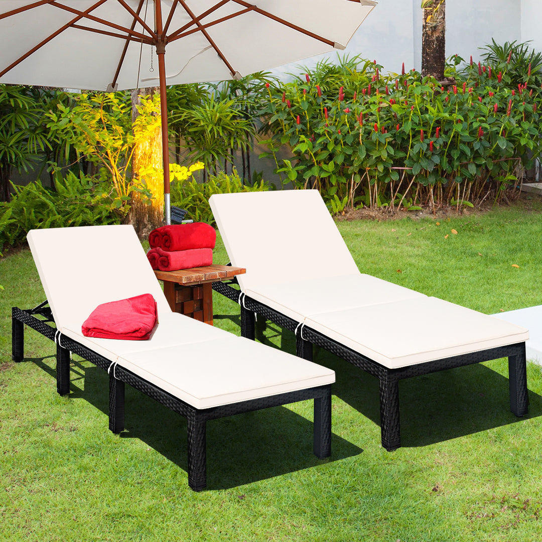 2PCS Patio Garden Rattan Lounge Chair Chaise Couch Cushioned Height Adjustable White Image 3