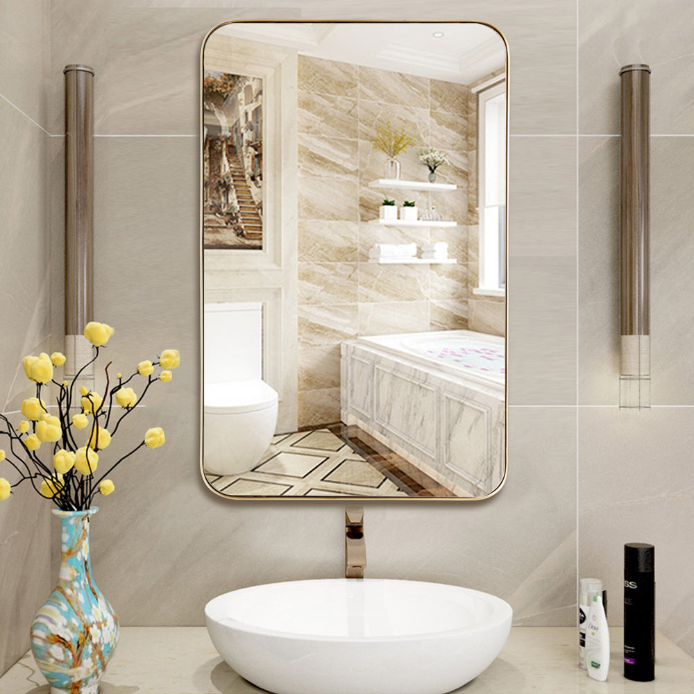 32"x20" Wall-Mounted Rectangle Mirror Metal Frame Bathroom Entryway Gold Image 2