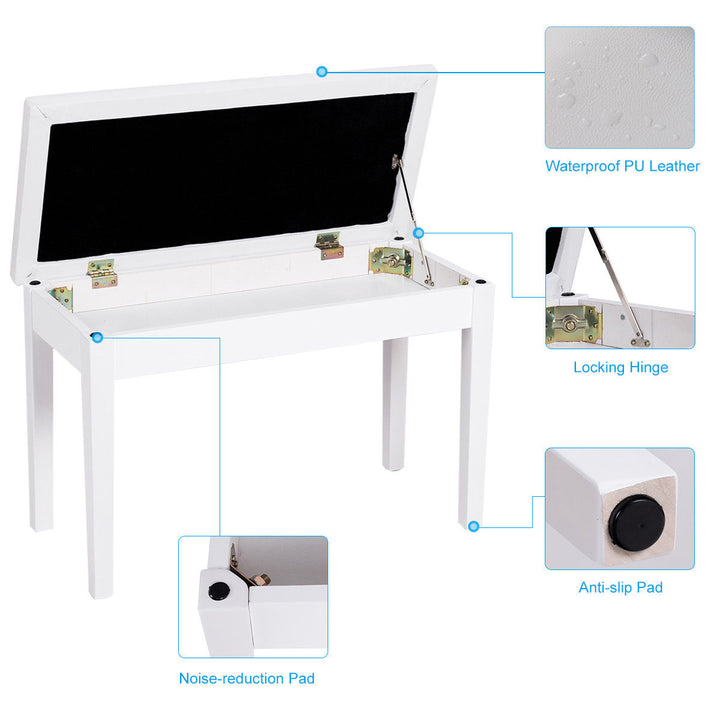 Solid Wood PU Leather Piano Bench Padded Double Duet Keyboard Seat Storage White Image 4