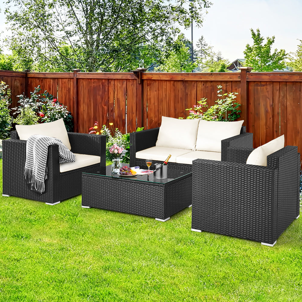 4PCS Patio Rattan Furniture Set Cushioned Sofa Chair Coffee Table Off White Image 2