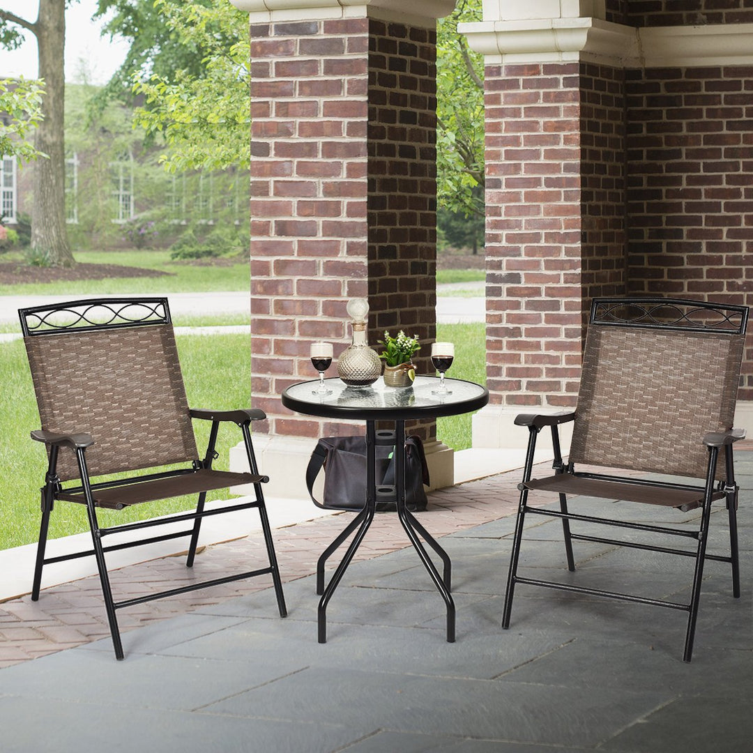 3 PCS Bistro Conversation Patio Pub Dining Set W/ 2 Folding Chairs and Glass Table Image 2