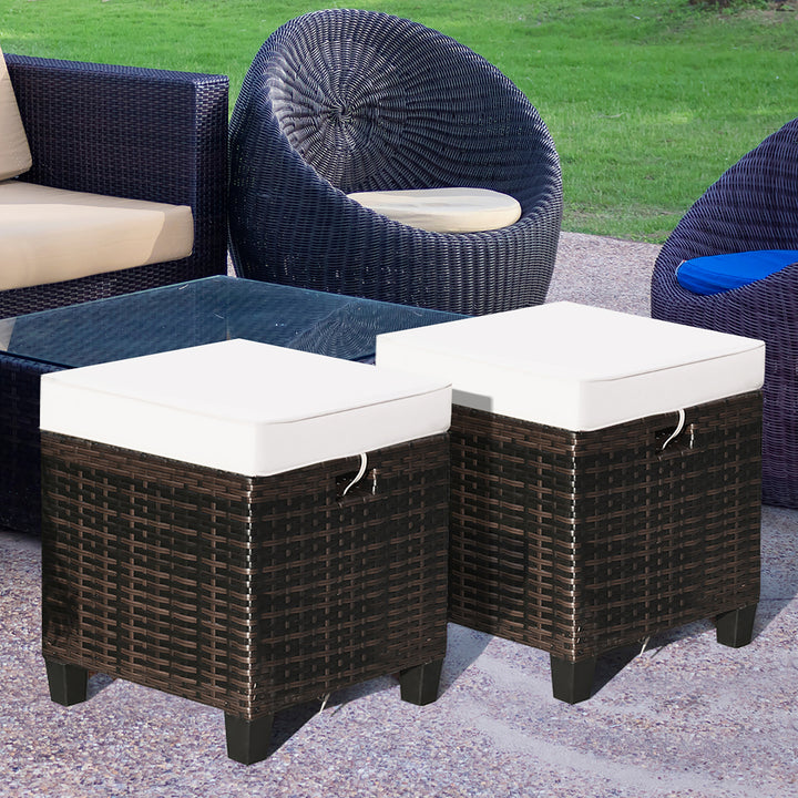 2PCS Patio Rattan Ottoman Cushioned Seat Beige Image 3