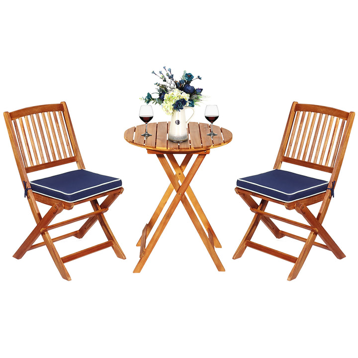 3PCS Patio Folding Wooden Bistro Set Cushioned Chair Conversation Image 3