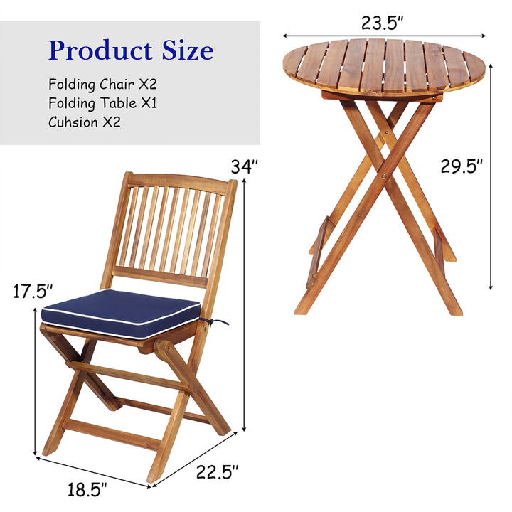 3PCS Patio Folding Wooden Bistro Set Cushioned Chair Conversation Image 4