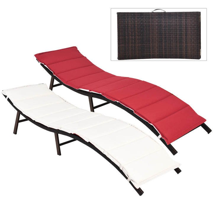 2PCS Patio Rattan Folding Lounge Chair Stackable Double Sided Cushion Outdoor Red Image 4