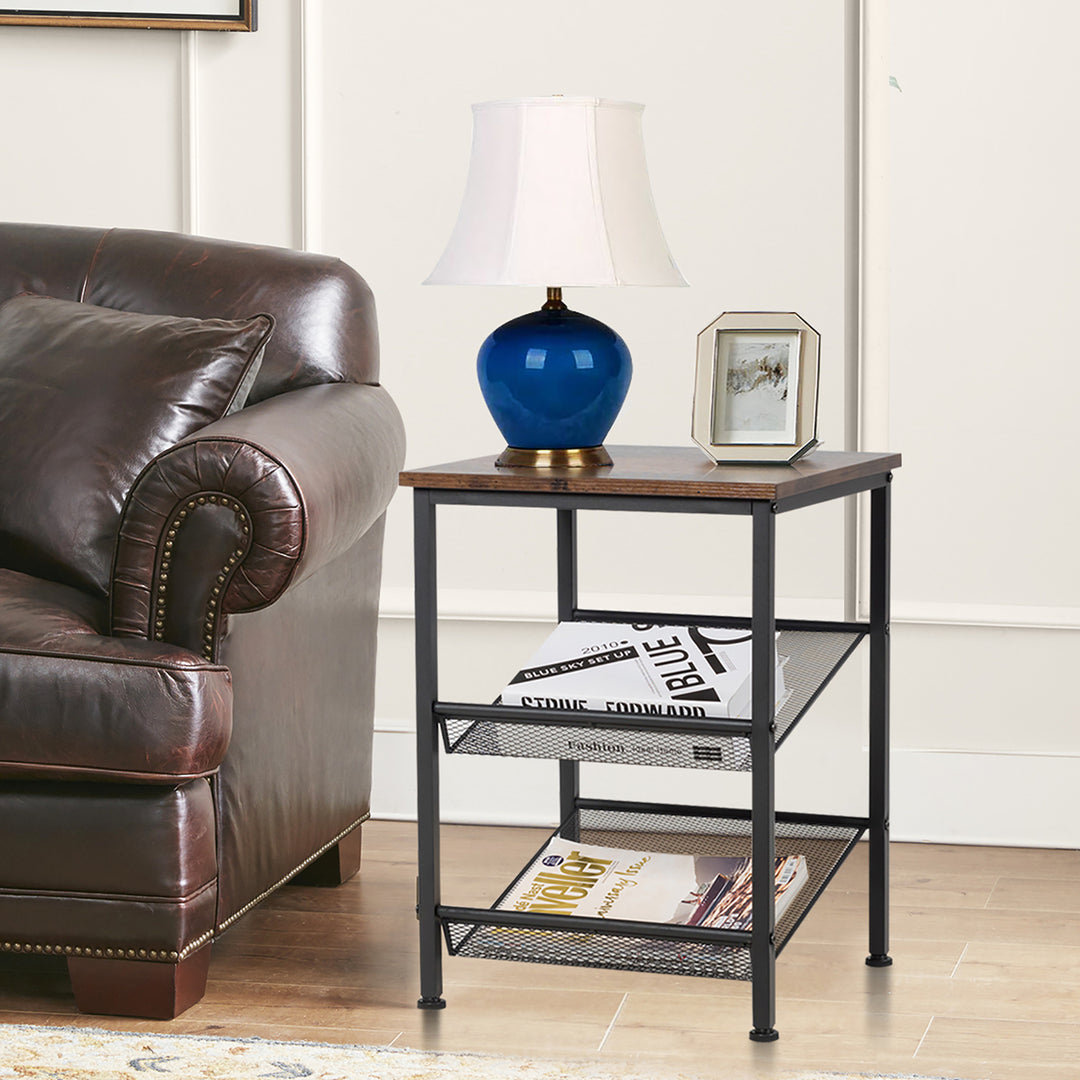 3-Tier Industrial End Side Table Nightstand W/2 Adjustable Shelves Rustic Brown Image 2