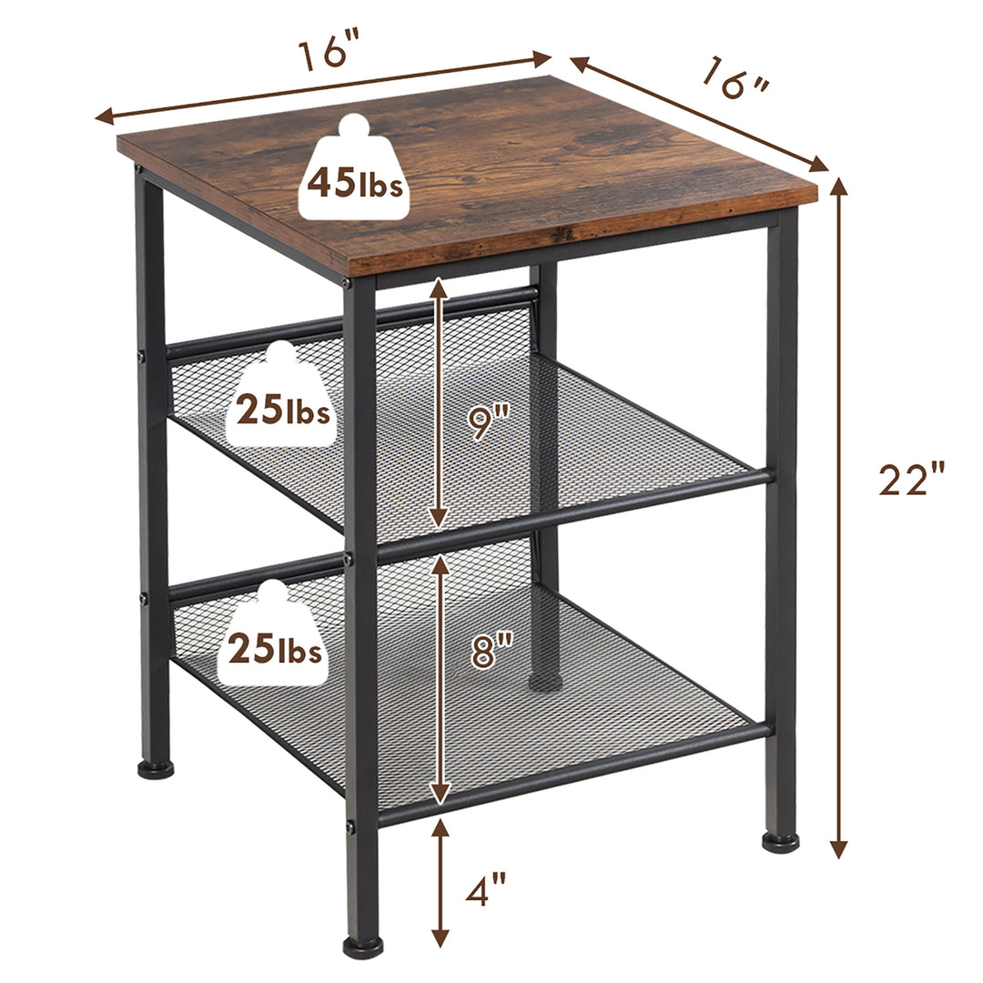 3-Tier Industrial End Side Table Nightstand W/2 Adjustable Shelves Rustic Brown Image 3