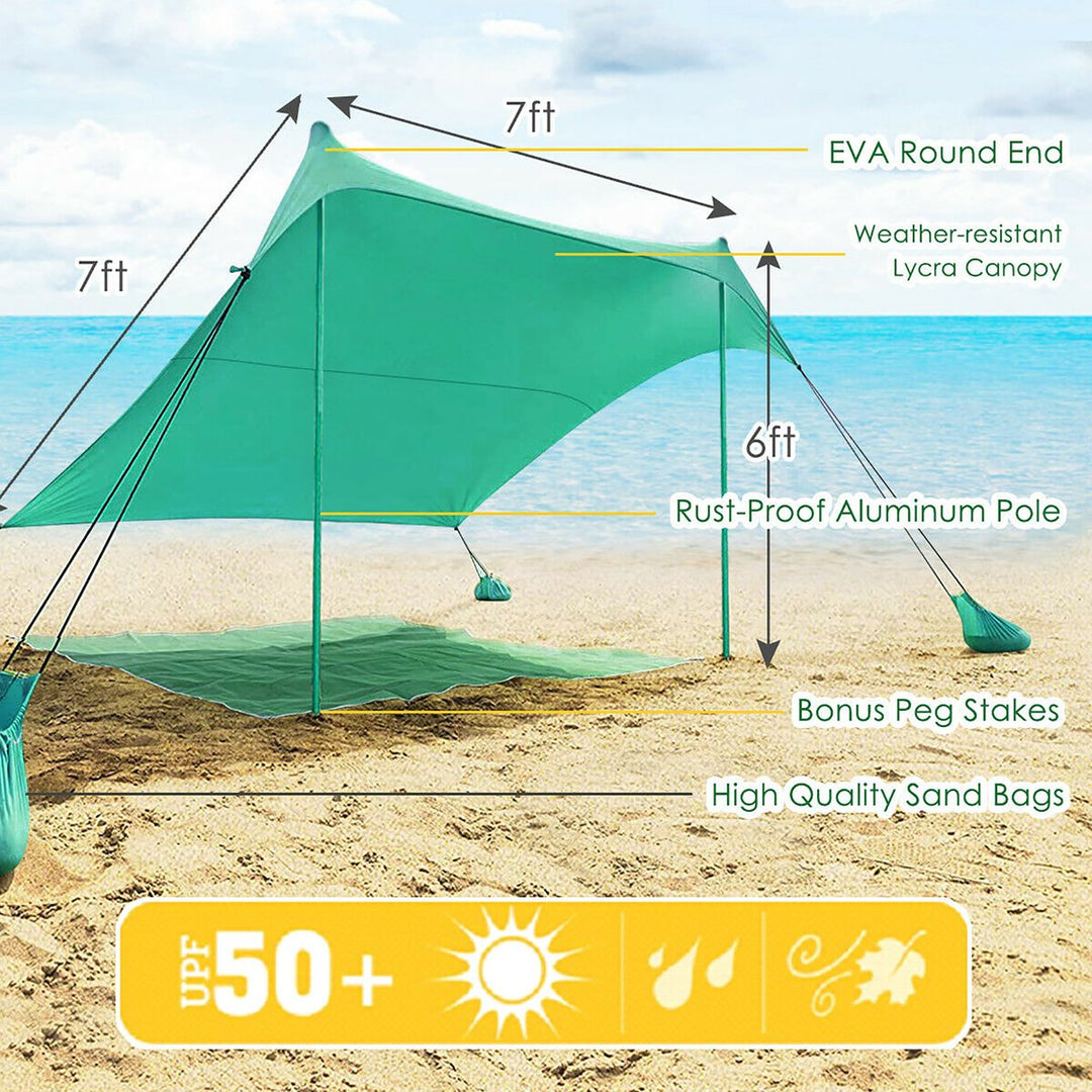 Family Beach Tent Canopy w/ 4 Poles Sandbag Anchors 7x7 UPF50+ Green Image 4