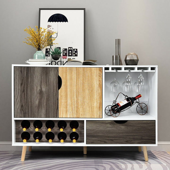 Mid-Century Buffet Sideboard Wooden Storage Cabinet w/ Wine Rack and Glass Holder Image 2