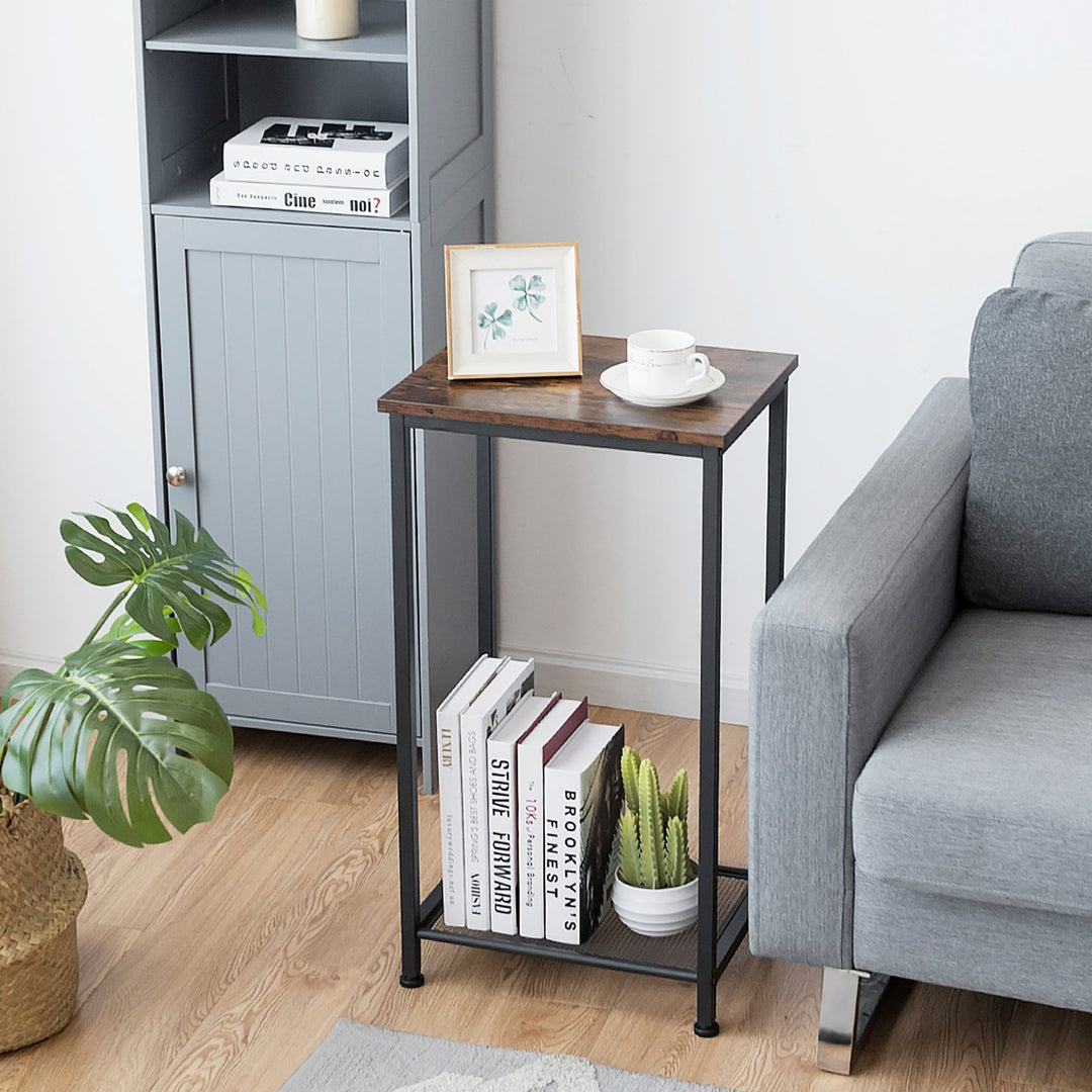 2-Tier Industrial Side End Accent Telephone Table w/Mesh Shelf Rustic Brown Image 2