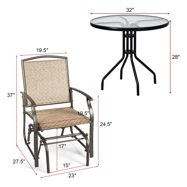 3PCS Patio Bistro Furniture Set Rocking Glider Chair Glass Table Image 2